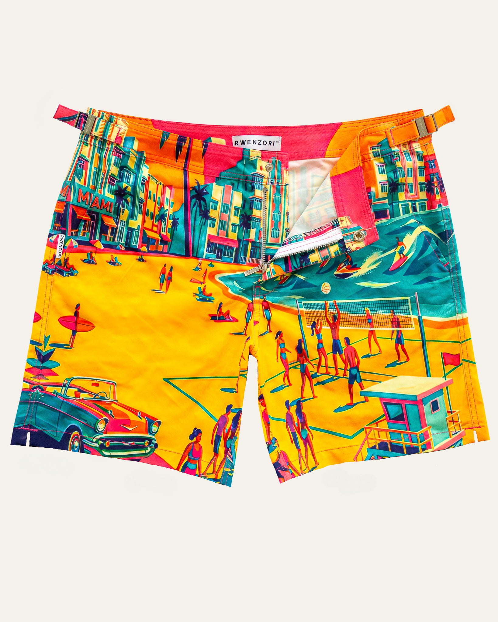 Flat lay front view of RWENZORI Miami photo print swim shorts on a clean background.