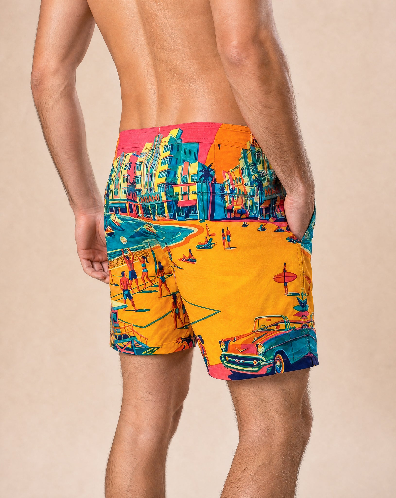 RWENZORI Miami photo print swim shorts — close-up rear view.