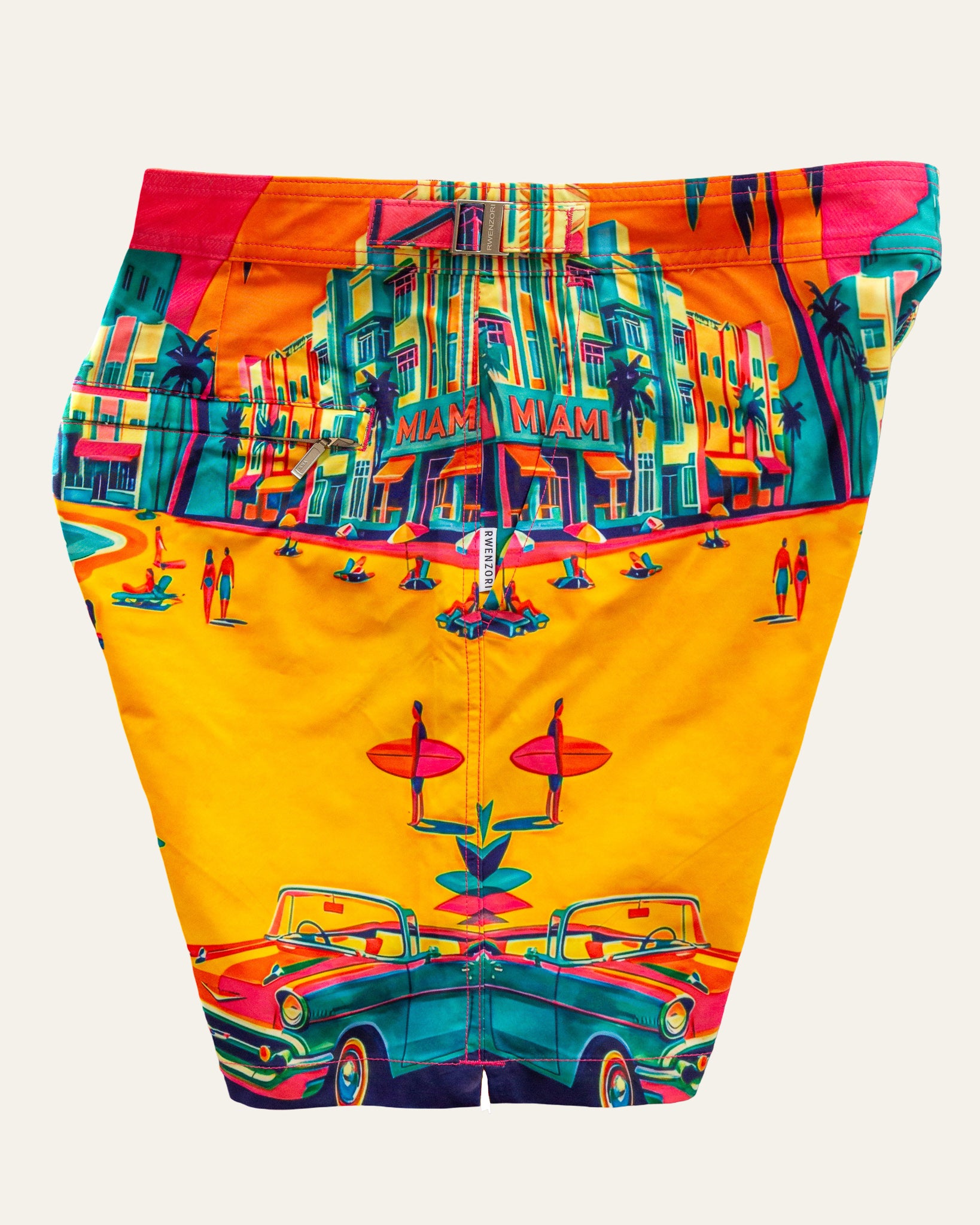 RWENZORI Miami photo print swim shorts — side and pocket profile view.