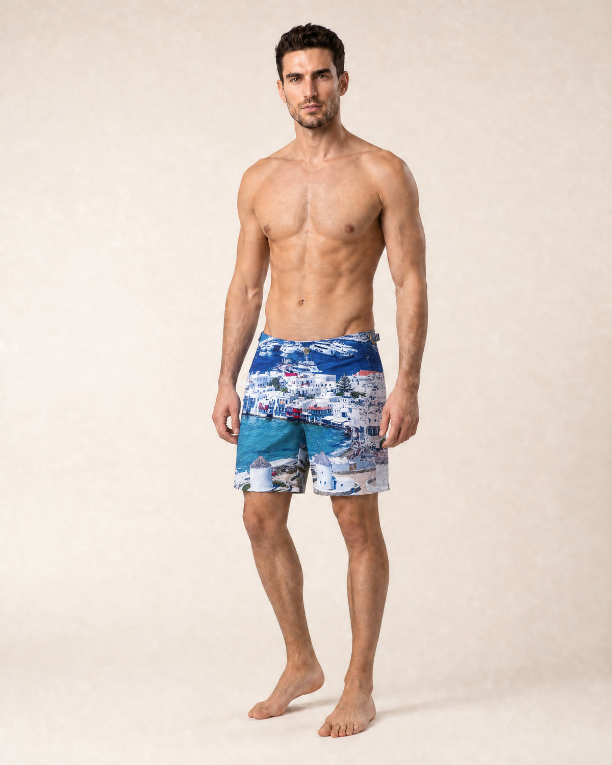 RWENZORI Mykonos photo print swim shorts — full-frame front view.