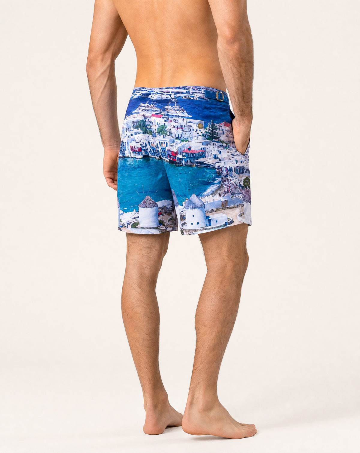 RWENZORI Mykonos photo print swim shorts — close-up rear view.