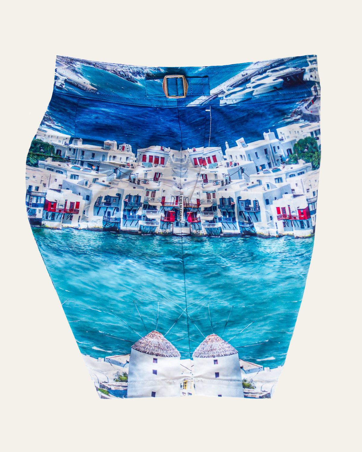RWENZORI Mykonos photo print swim shorts — side and pocket profile view.