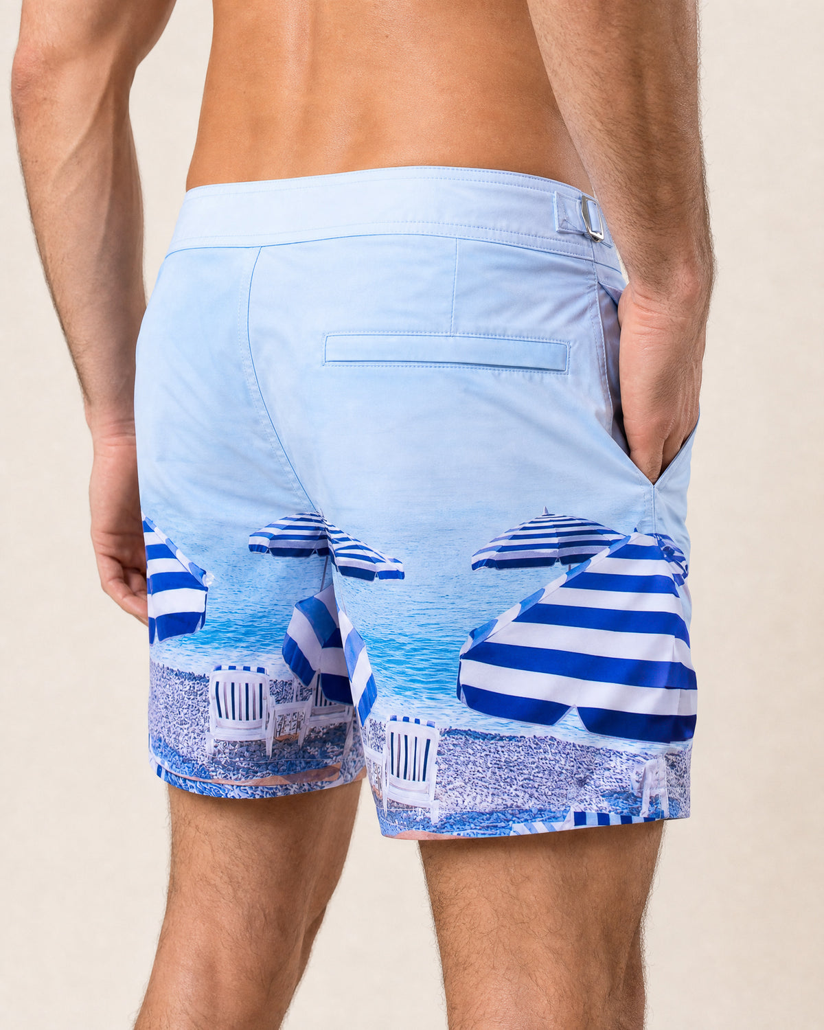 RWENZORI St Tropez photo print swim shorts — close-up rear view.