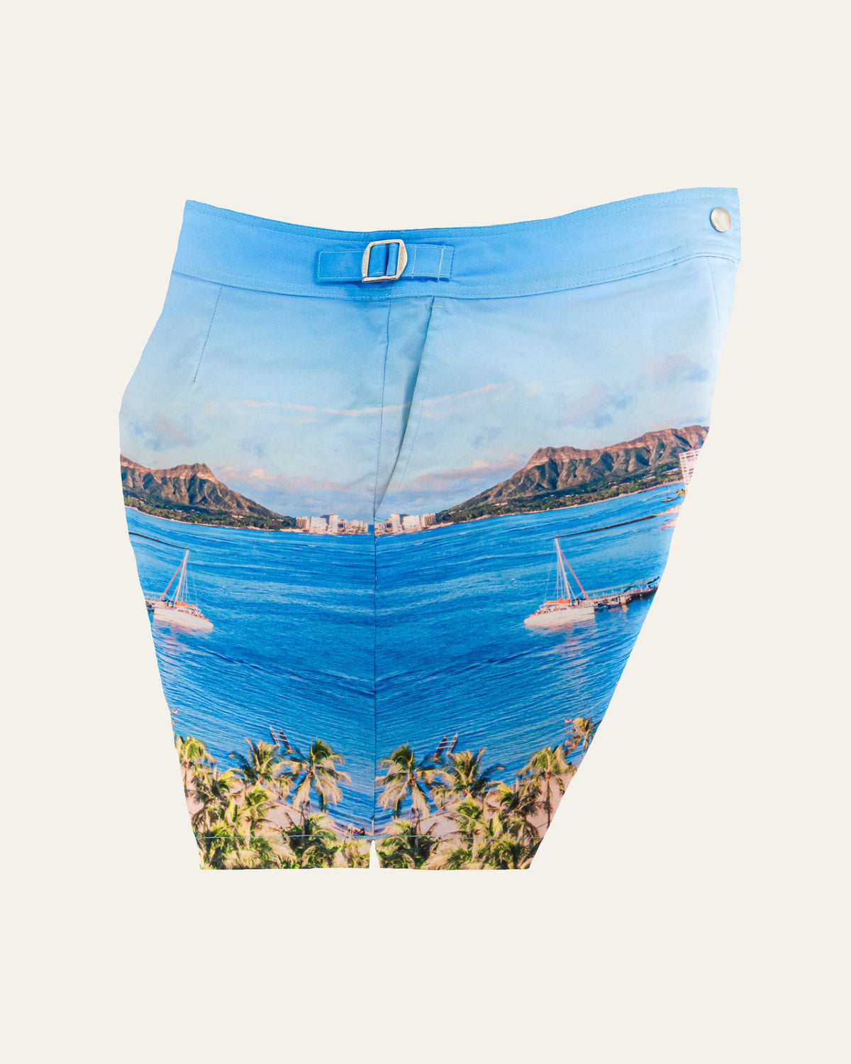 RWENZORI Waikiki photo print swim shorts — side and pocket profile view.