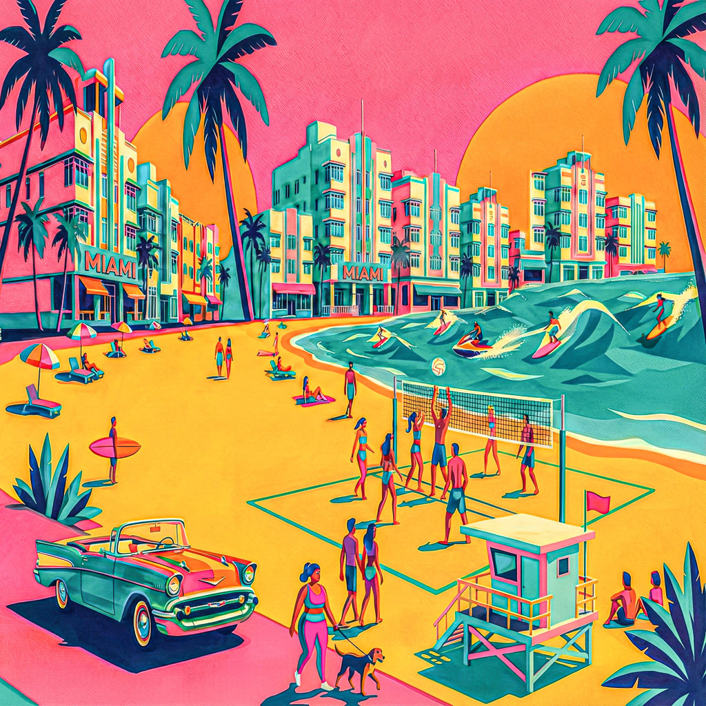 A vibrant, stylized illustration of a beach boardwalk scene with palm trees, Art Deco buildings of Miami South Beach, volleyball courts, surfers in the water, people walking and lounging, a vintage car, and a lifeguard tower under a pink sky.