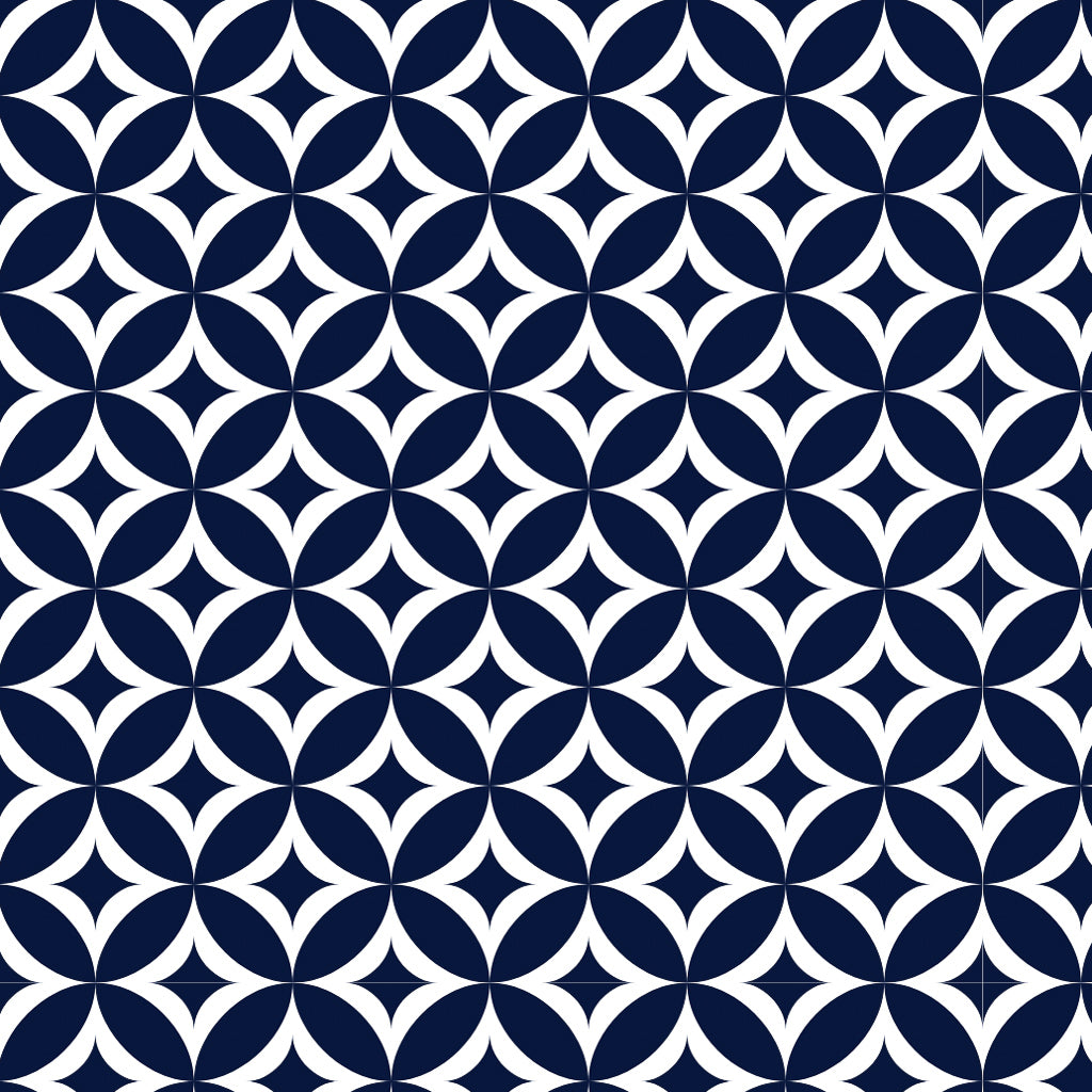 A repeating geometric pattern of dark navy blue and white interlocking circles and star-like shapes, filling the entire frame from Andrea Palladio work called Venezia.