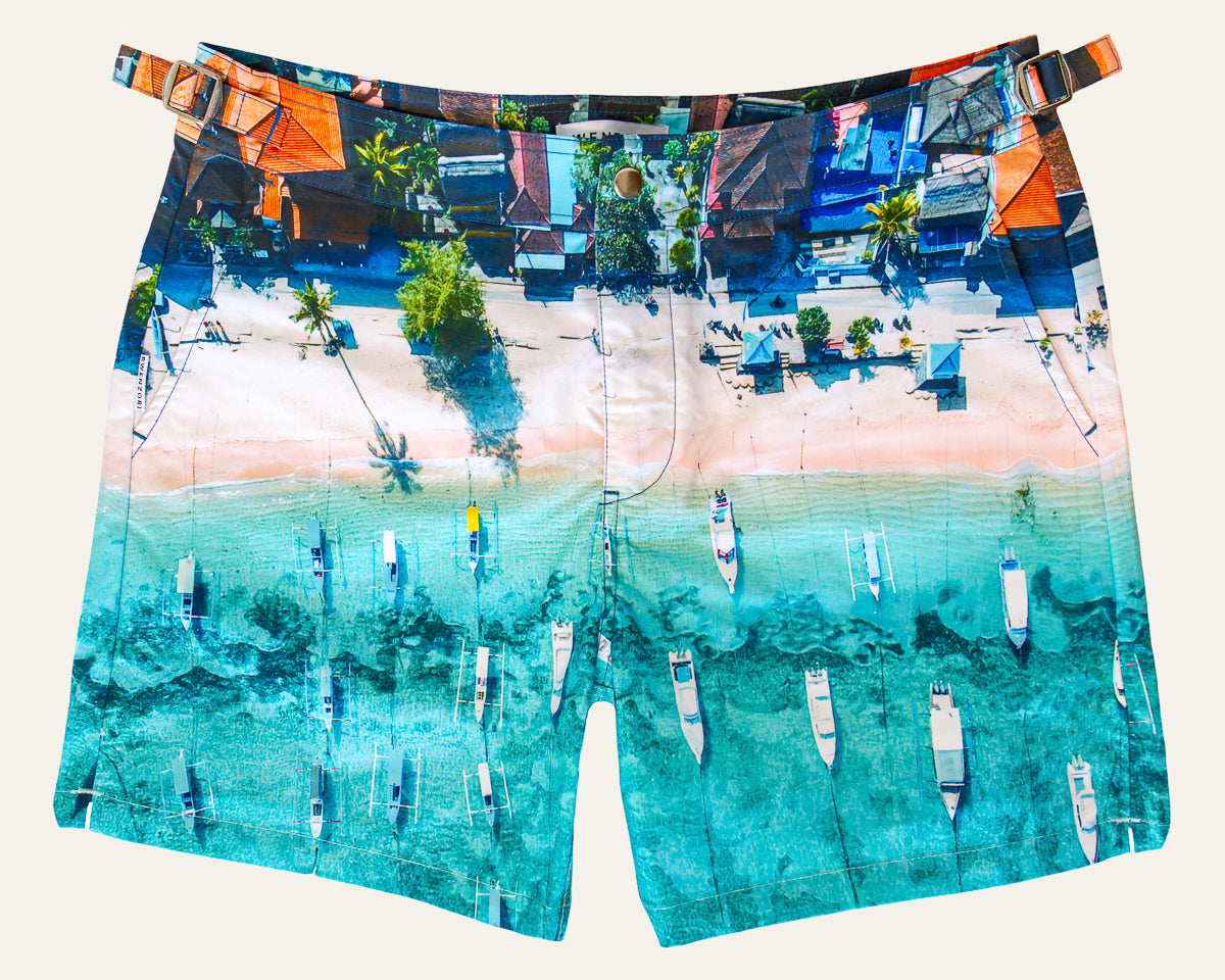 Rwenzori photo print swim trunks finer details - Bali Boats.