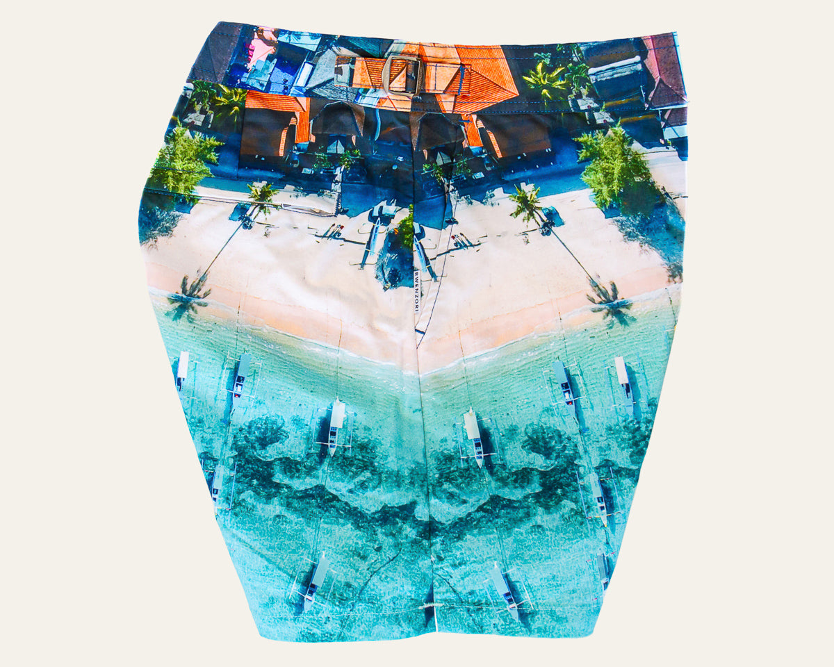 Rwenzori photo print swim trunks finer details - Bali Boats side profile.