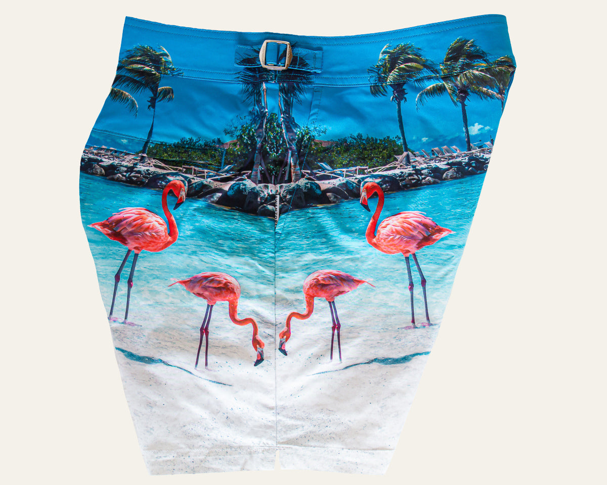 Rwenzori photo print swim trunks finer details - Flamingos side profile.