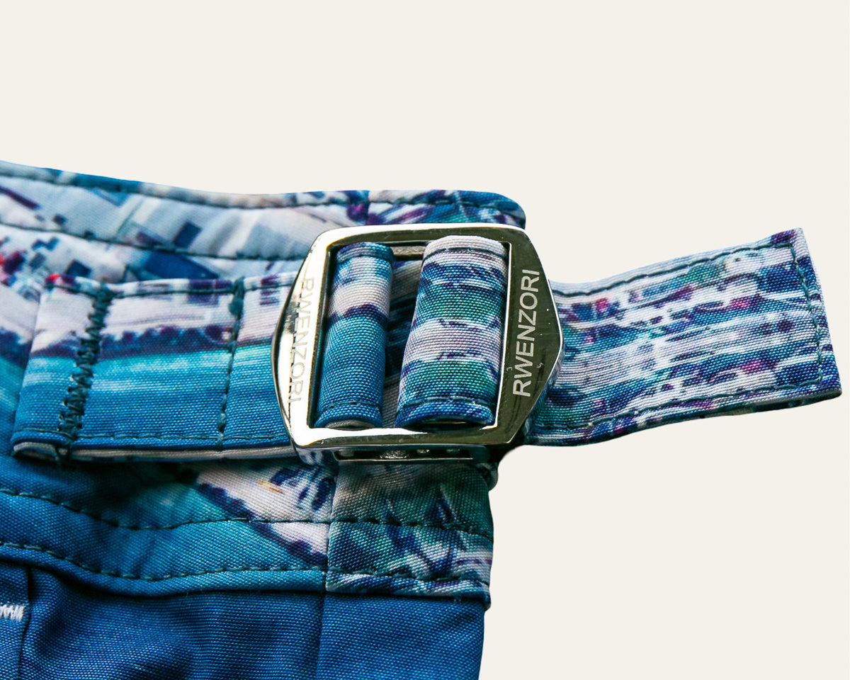 Rwenzori photo print swim trunks finer details - Mykonos stainless buckles.