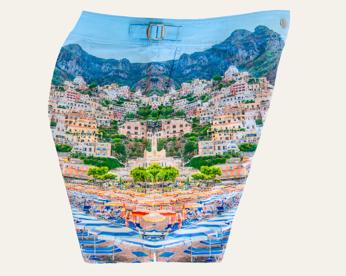 Rwenzori photo print swim trunks finer details - Positano side profile.