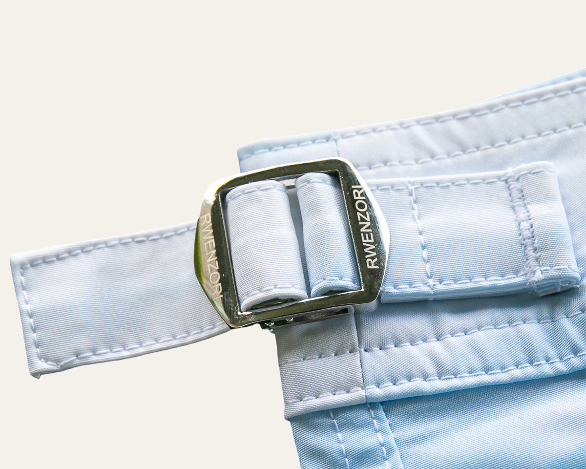 Rwenzori photo print swim trunks finer details - St Tropez side stainless buckles.