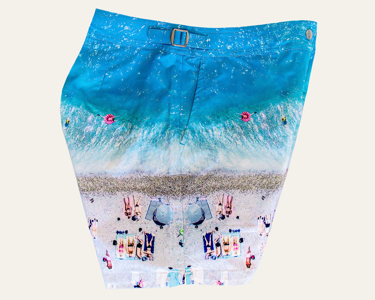 Rwenzori photo print swim trunks finer details - French Riviera side profile.