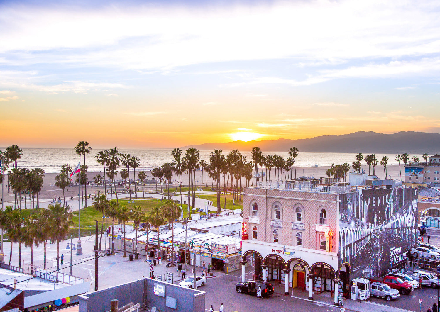 About this print photo of a California sunset at Venice Beach used to create Rwenzori's Venice Beach swim shorts design.