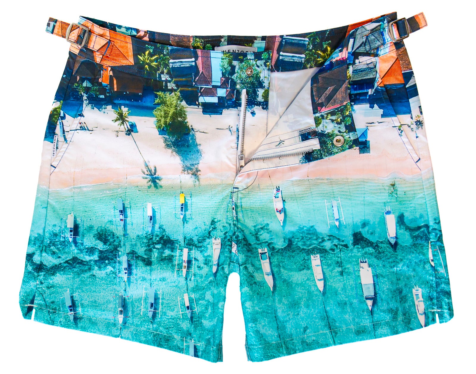 Rwenzori Bali Boats swim shorts front view – men's tailored photo-print swim trunk featuring traditional boats on a Bali coastline