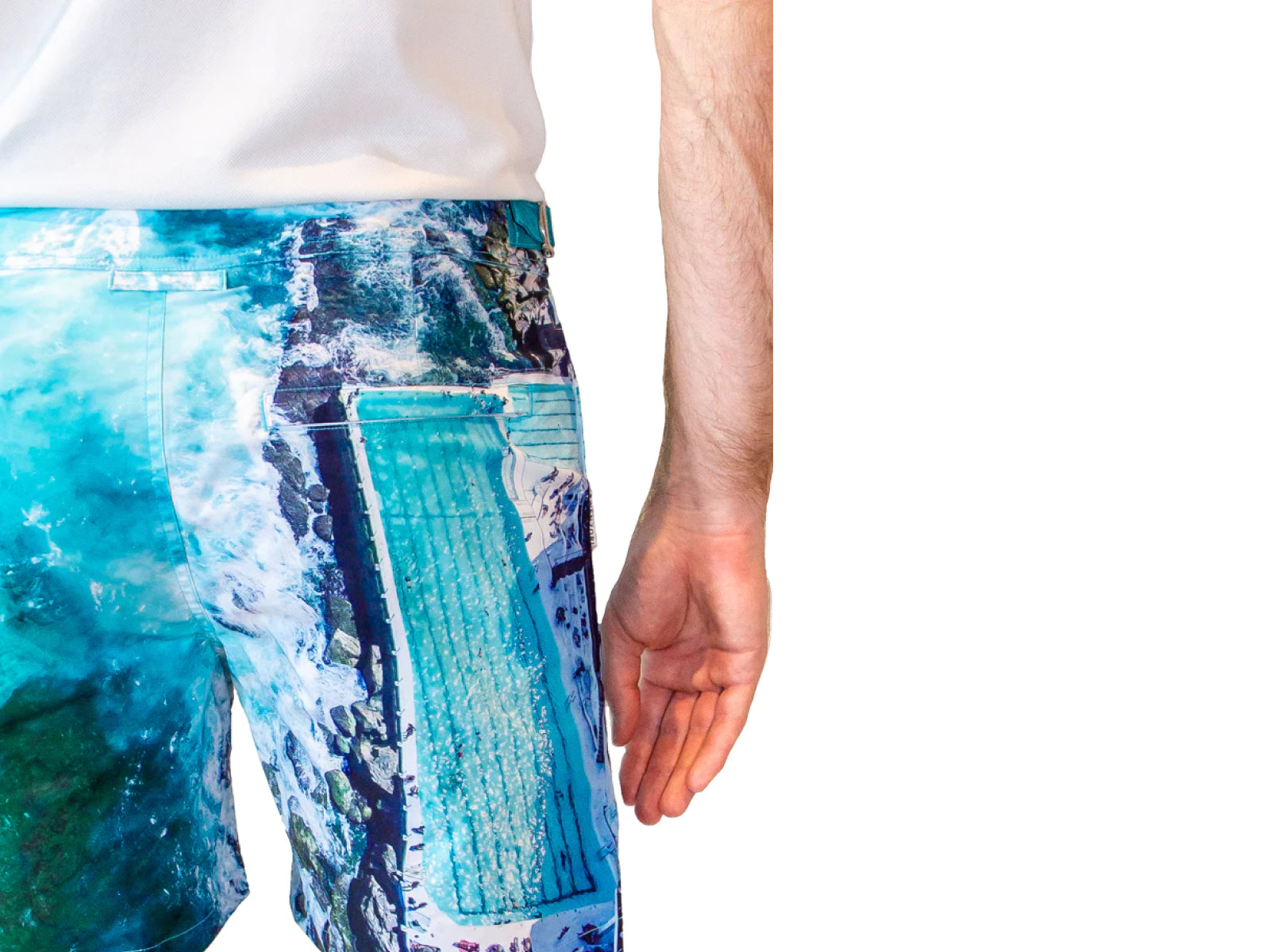 Back view of Rwenzori Bondi Beach swim shorts featuring zip-enclosed rear pocket – secure travel friendly swim trunk