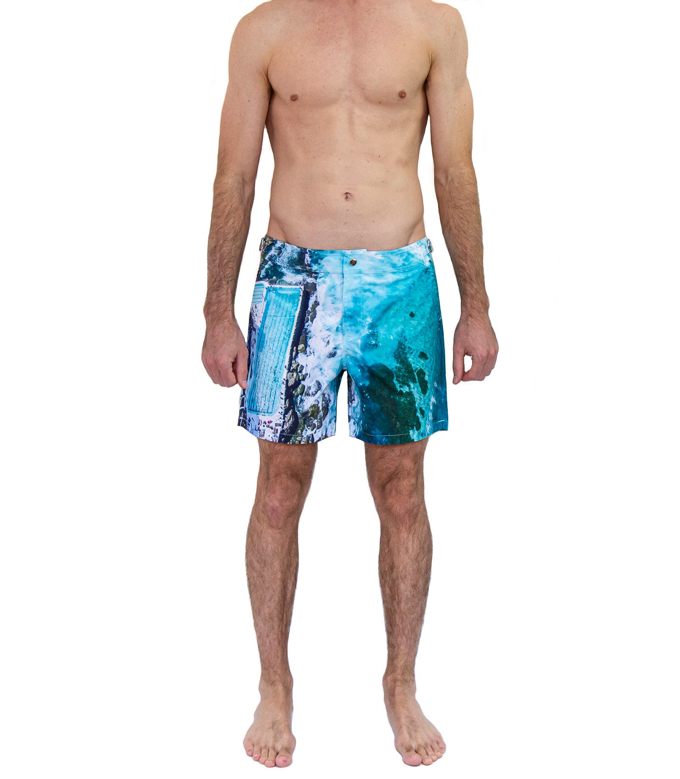 Rwenzori Bondi Beach swim shorts front view – men's tailored photo print swim trunk with iconic Bondi Beach scene worn by model