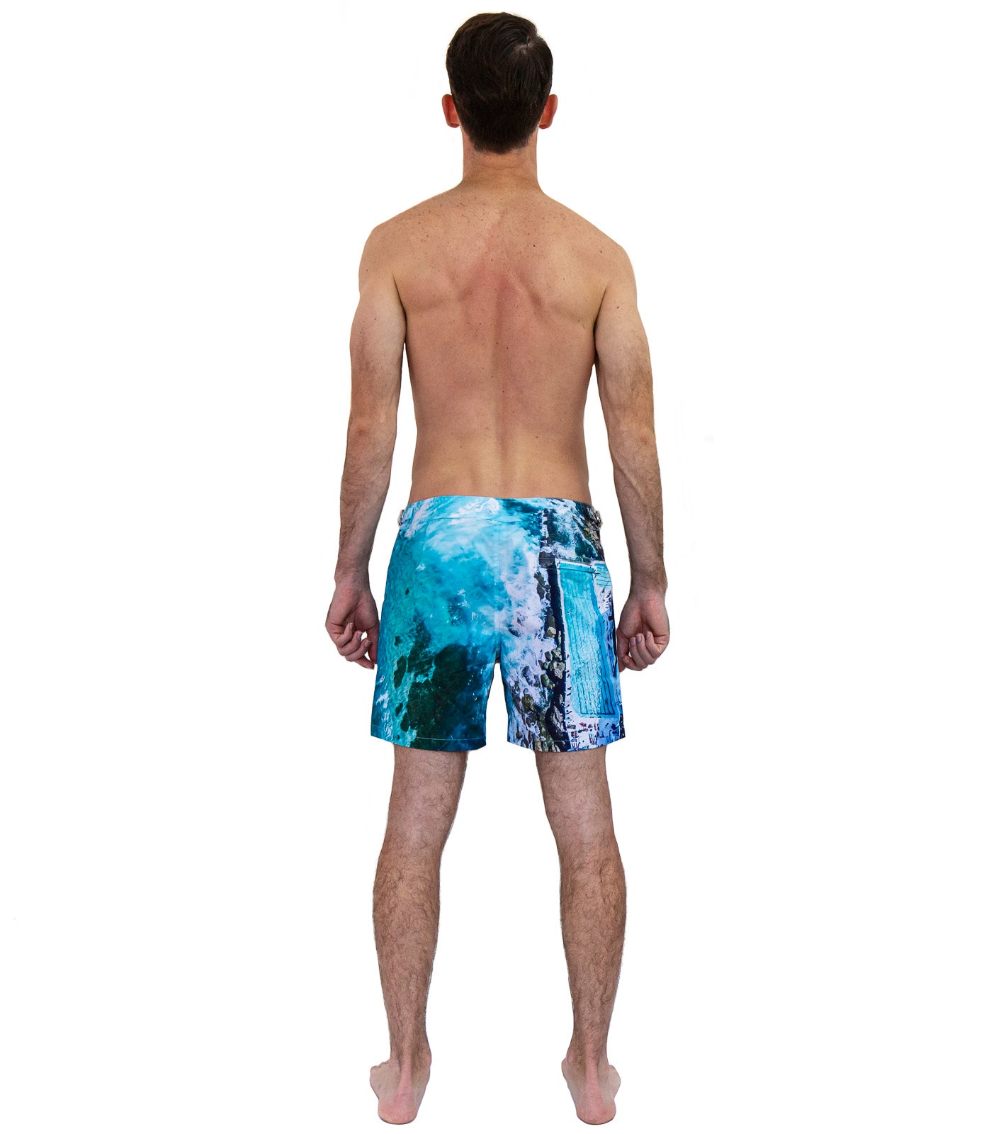 Rwenzori Bondi Beach swim shorts back view – men's tailored photo print swim trunk with iconic Bondi Beach scene