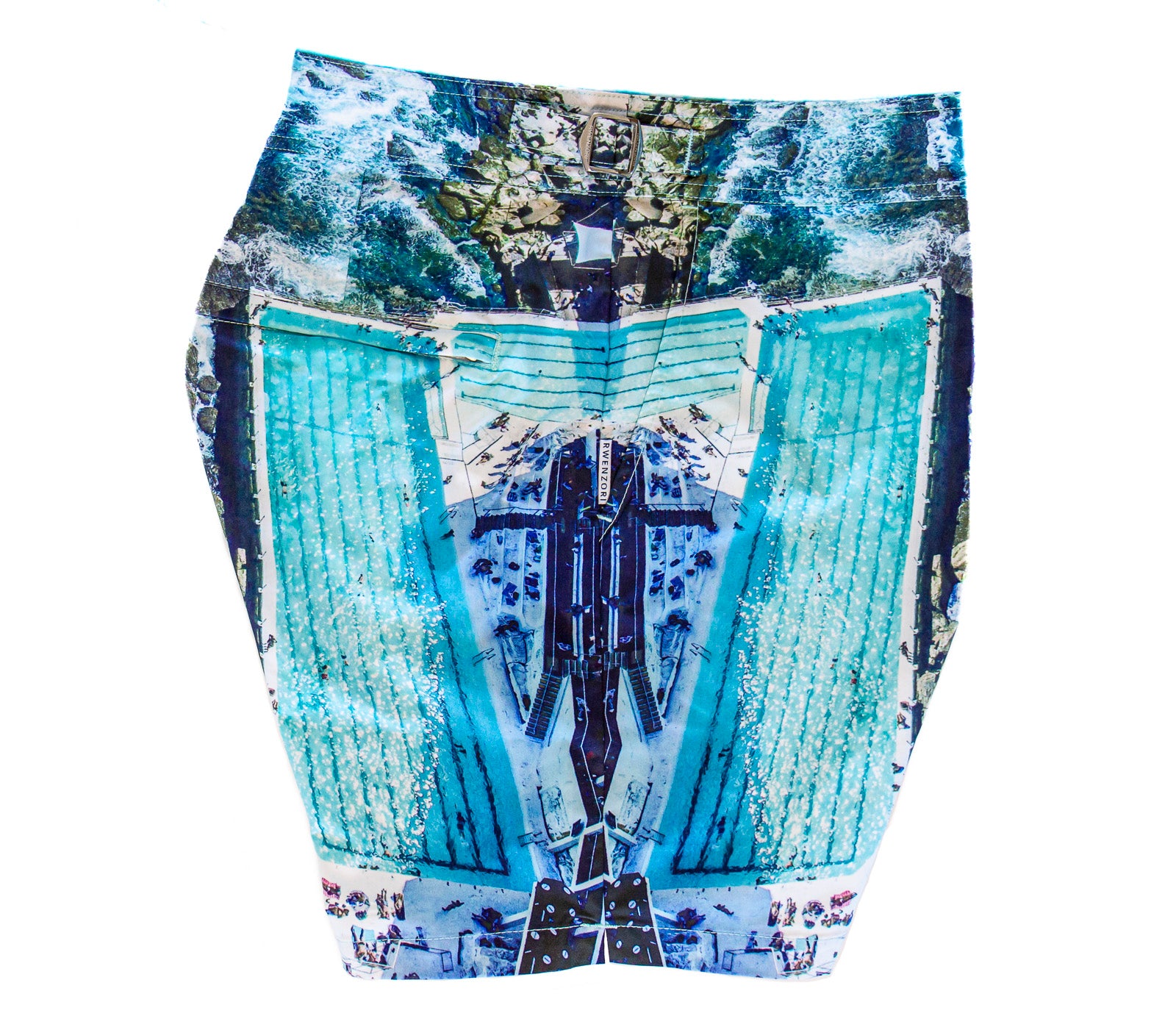 Side profile detail on Rwenzori Bondi Beach swim shorts – matching seams for premium fit and flawless look