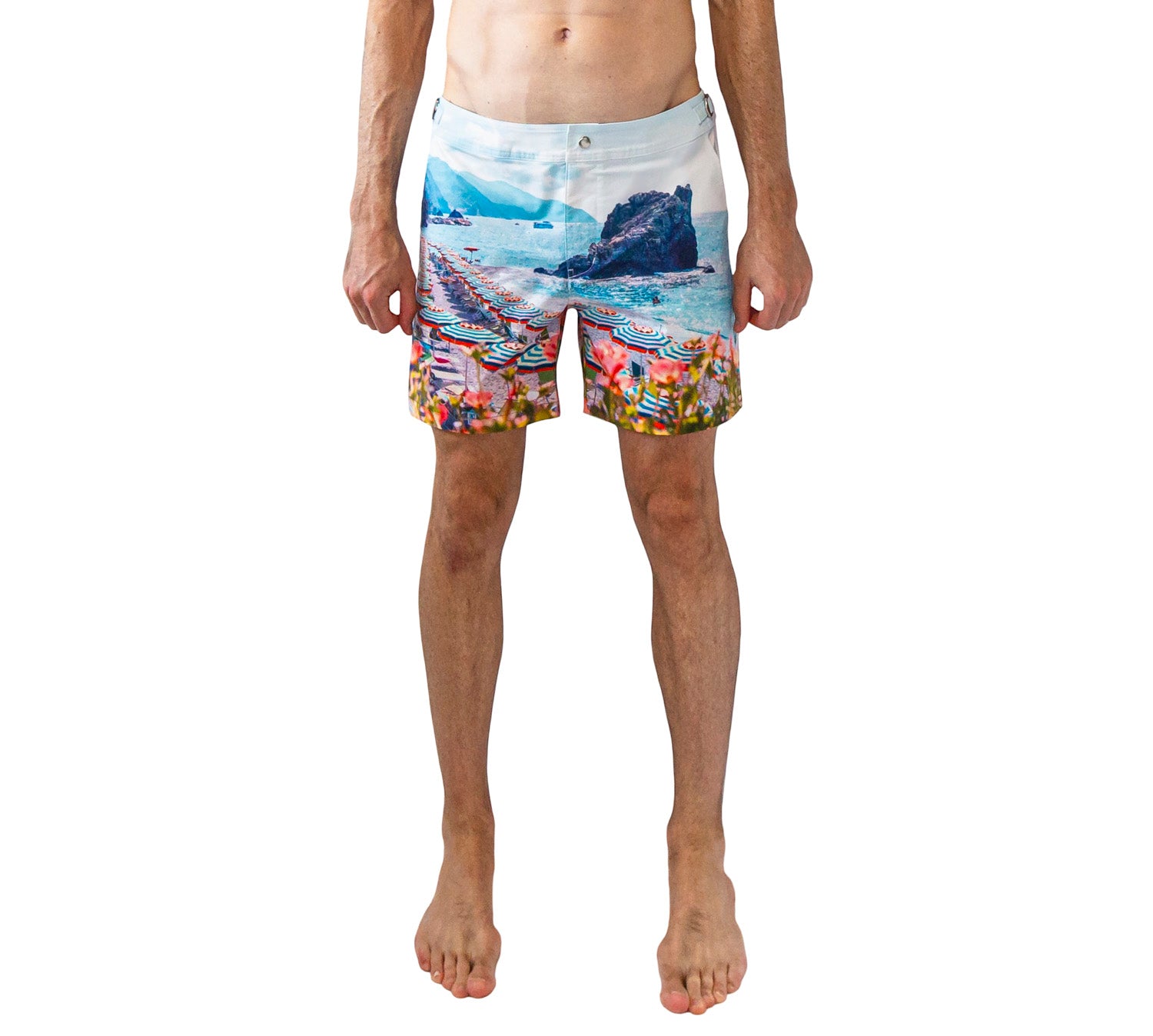 Rwenzori Cinque Terre men’s swim shorts featuring Monterosso al Mare beach print and tailored fit front view with model