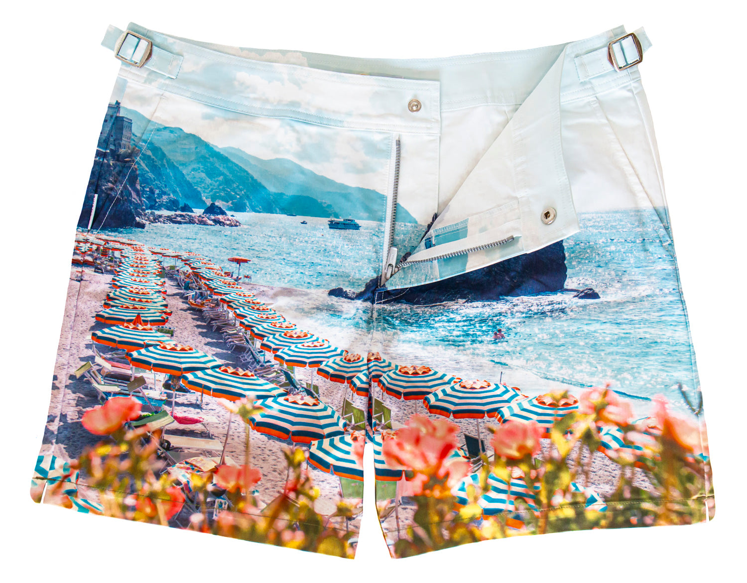 Rwenzori Cinque Terre men’s swim shorts featuring Monterosso al Mare beach print and tailored fit.