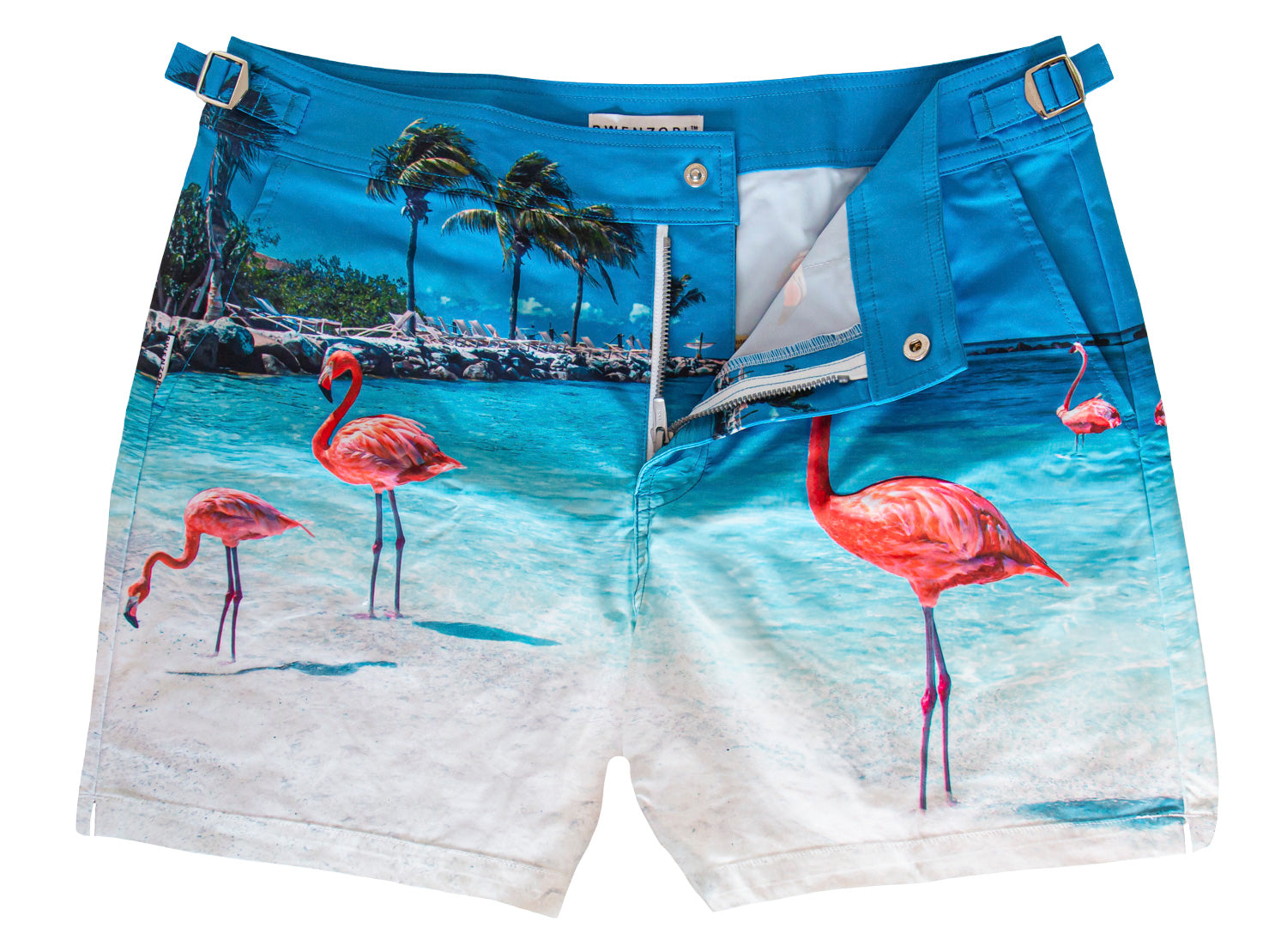 Rwenzori Flamingos swim shorts front view – men's tailored photo-print swim trunk featuring pink flamingos from Aruba