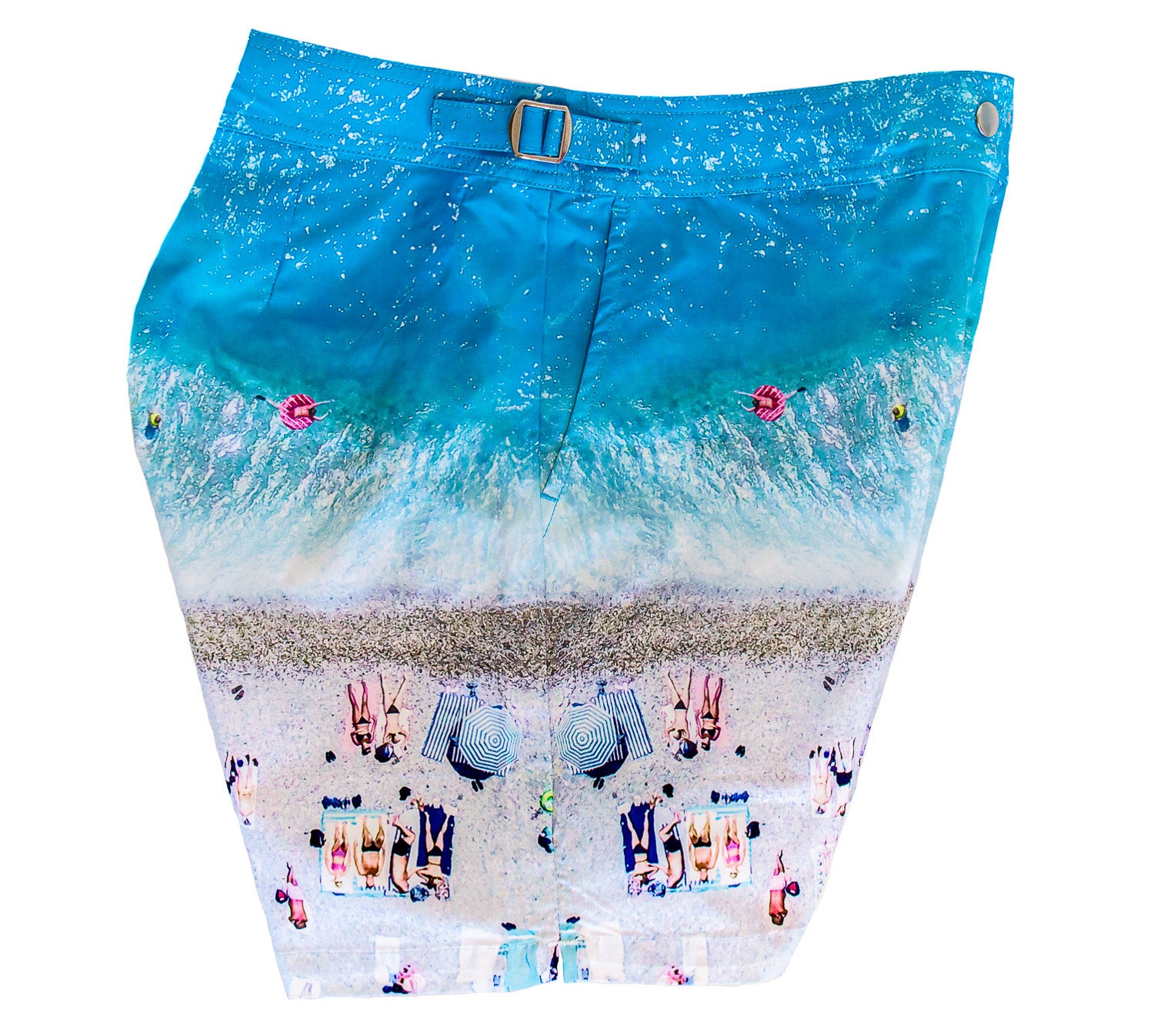 Close-up of French Riviera swim shorts fabric and print detail from a side view.