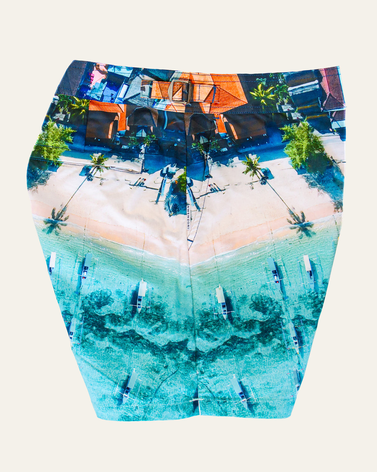RWENZORI Bali Boats photo print swim shorts — side and pocket profile view.