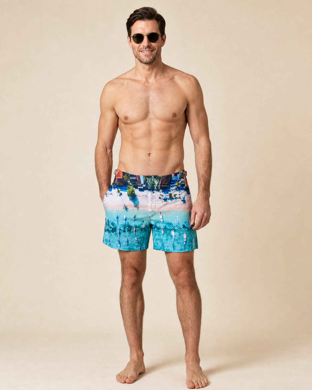 RWENZORI Bali photo print swim shorts — full-frame front view.