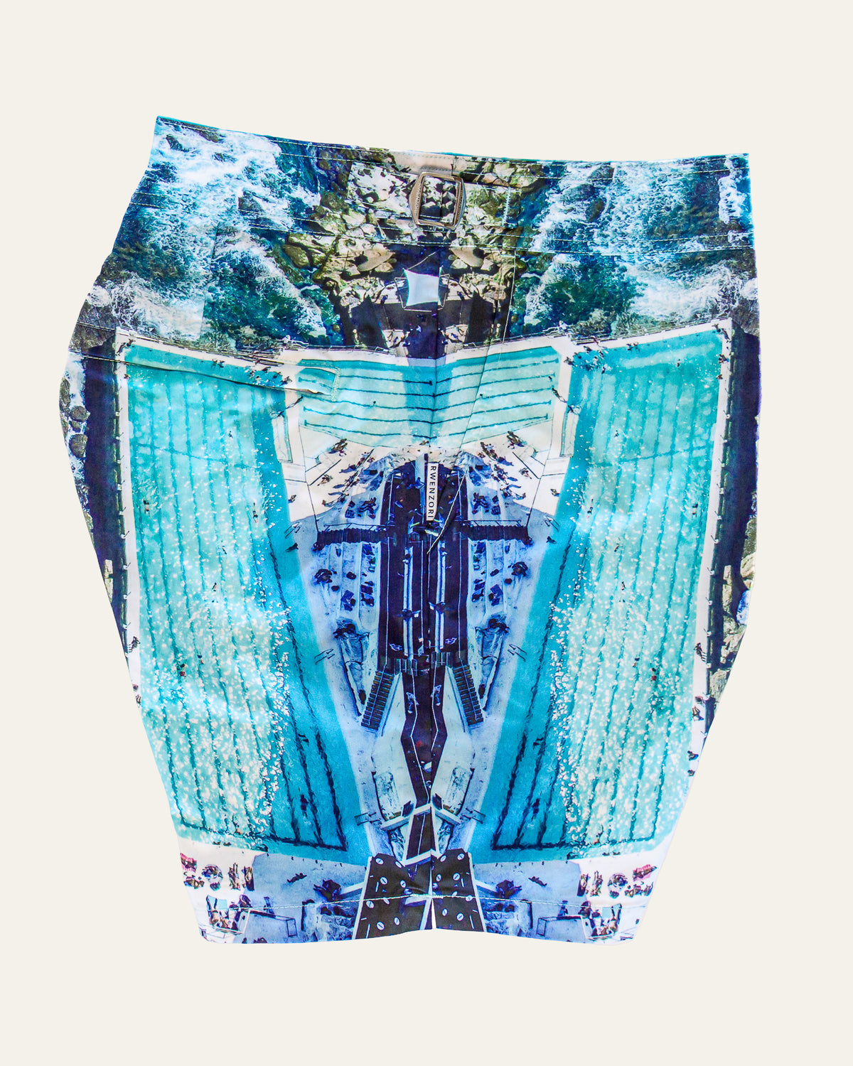 RWENZORI Bondi photo print swim shorts — side and pocket profile view.