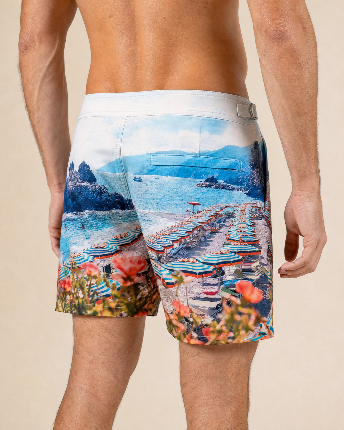RWENZORI Cinque Terre photo print swim shorts — close-up rear view.