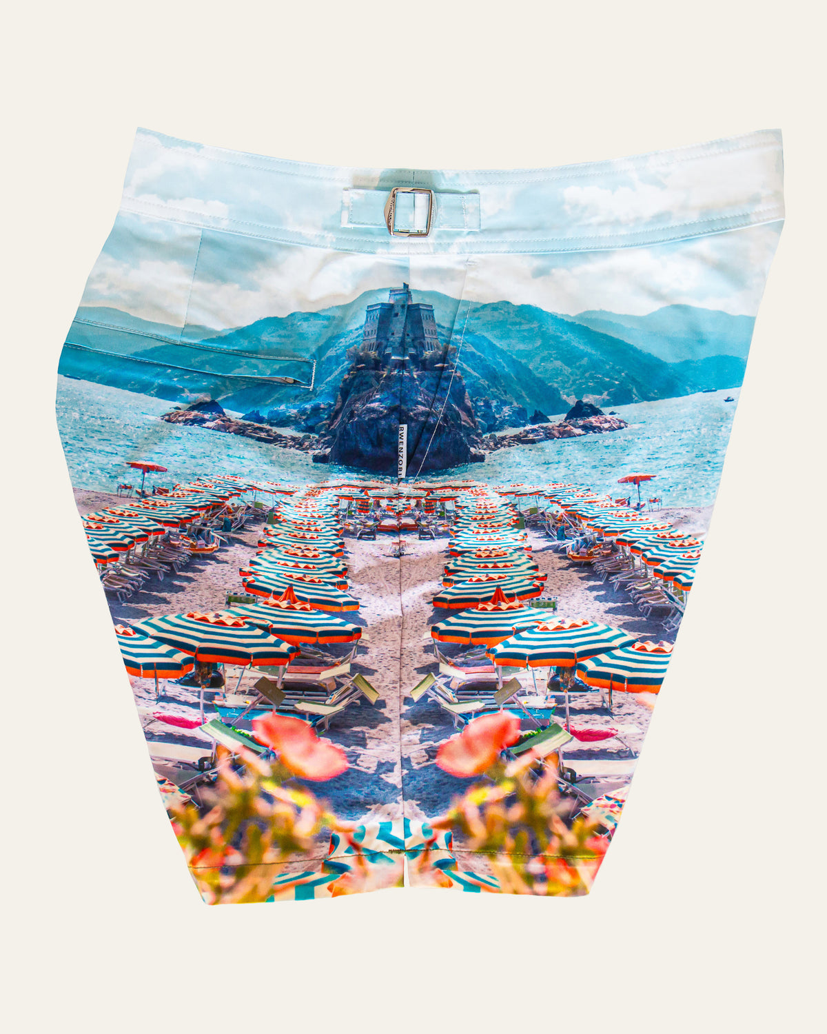RWENZORI Cinque Terre photo print swim shorts — side and pocket profile view.