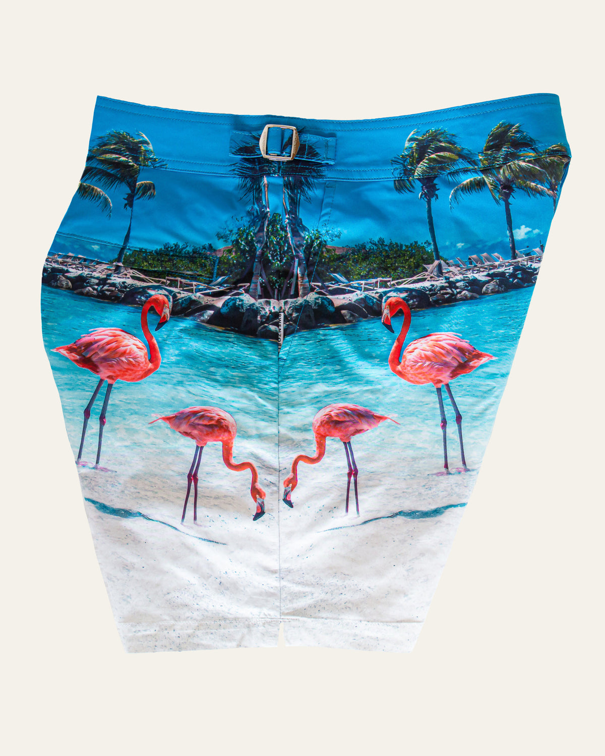 RWENZORI Flamingos photo print swim shorts — side and pocket profile view.