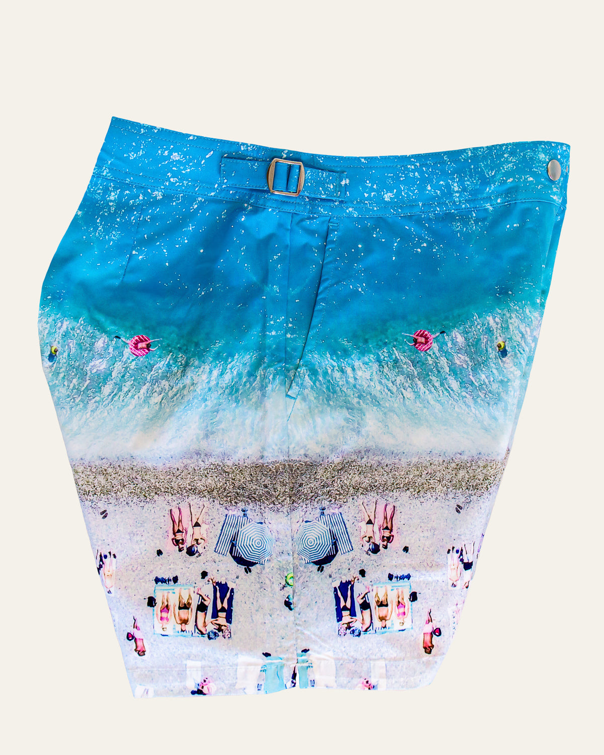 RWENZORI French Riviera photo print swim shorts — side and pocket profile view.