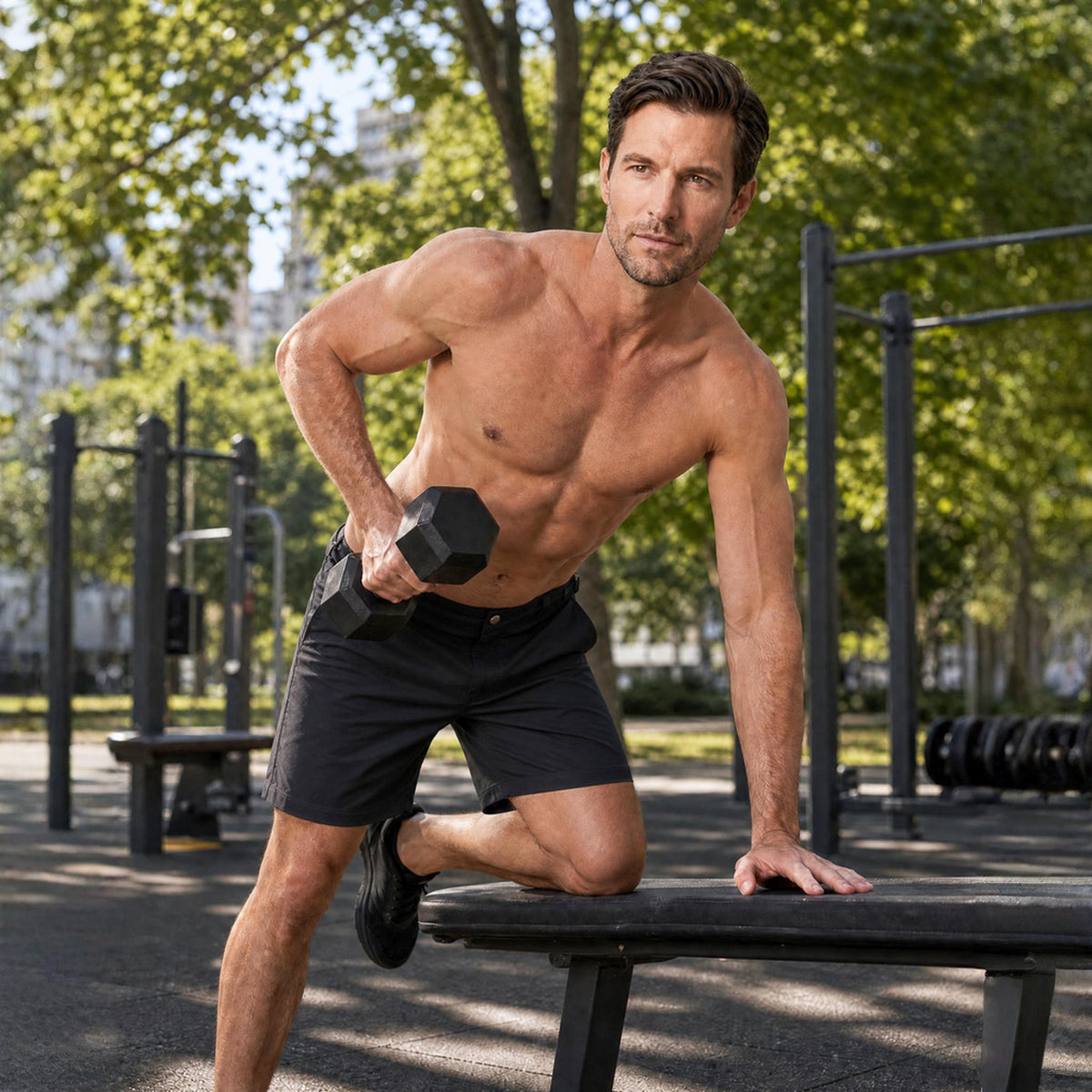 A shirtless man in Jet Black RWENZORI Performance series swim shorts and a black training top kneels on a fitness park bench, holding a black hex dumbbell in an outdoor gym setting with trees and exercise equipment in the background.