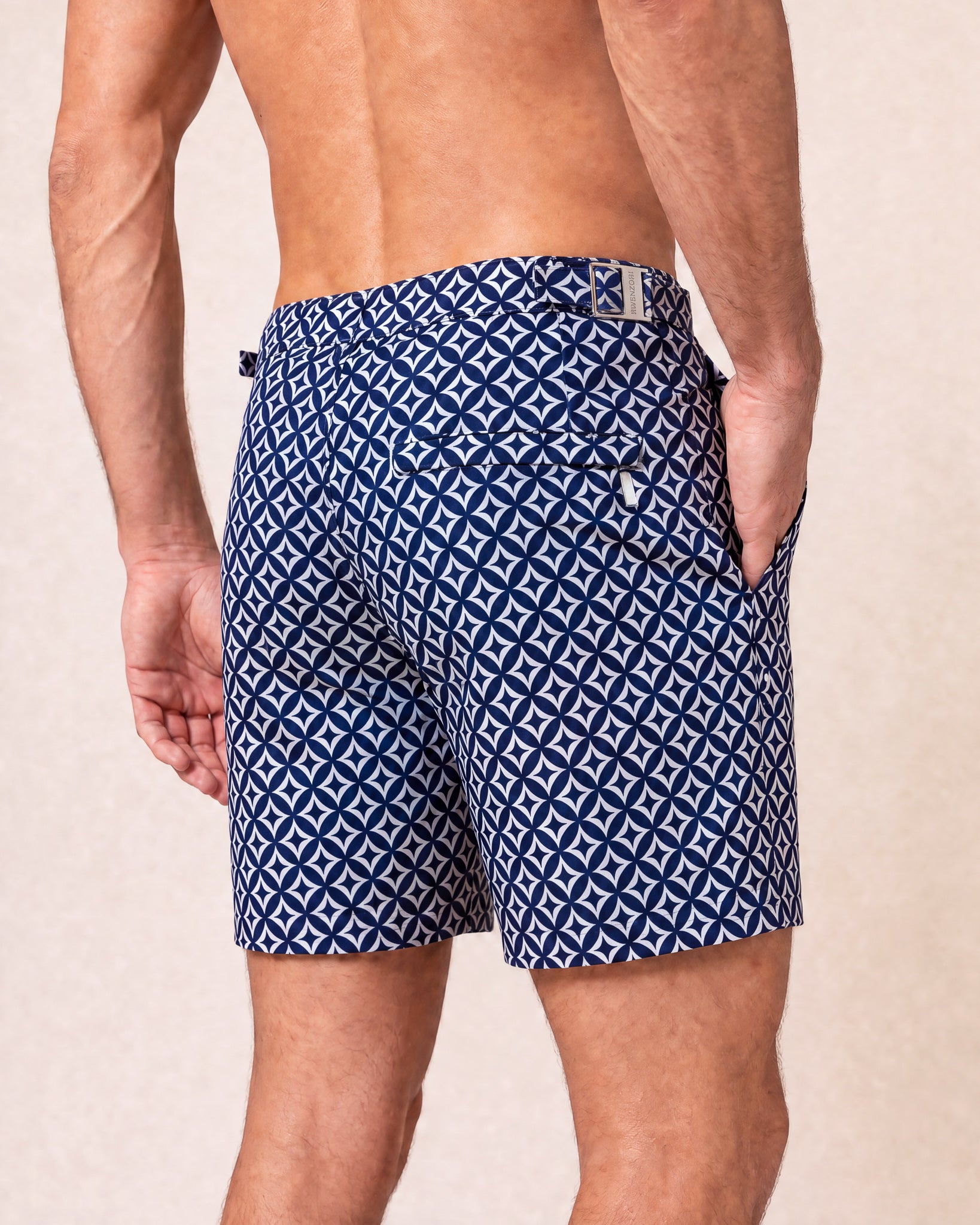 RWENZORI Palladio Venezia diamond print swim shorts — close-up rear view.
