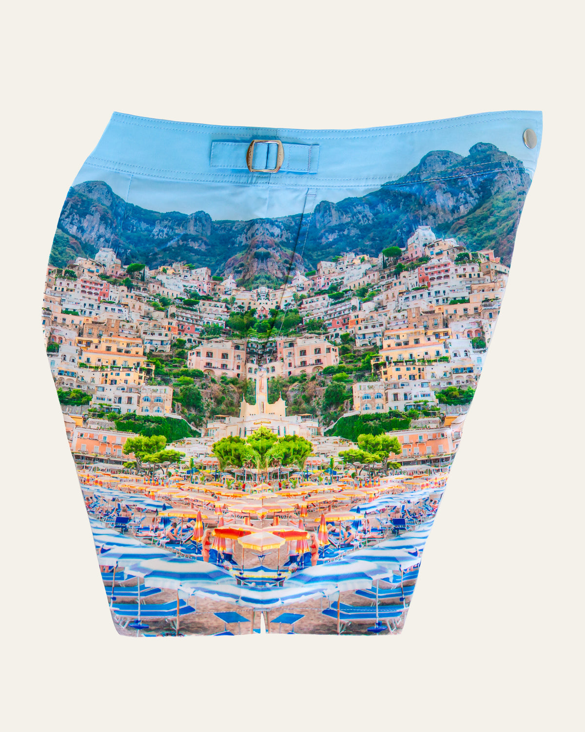 RWENZORI Positano photo print swim shorts — side and pocket profile view.