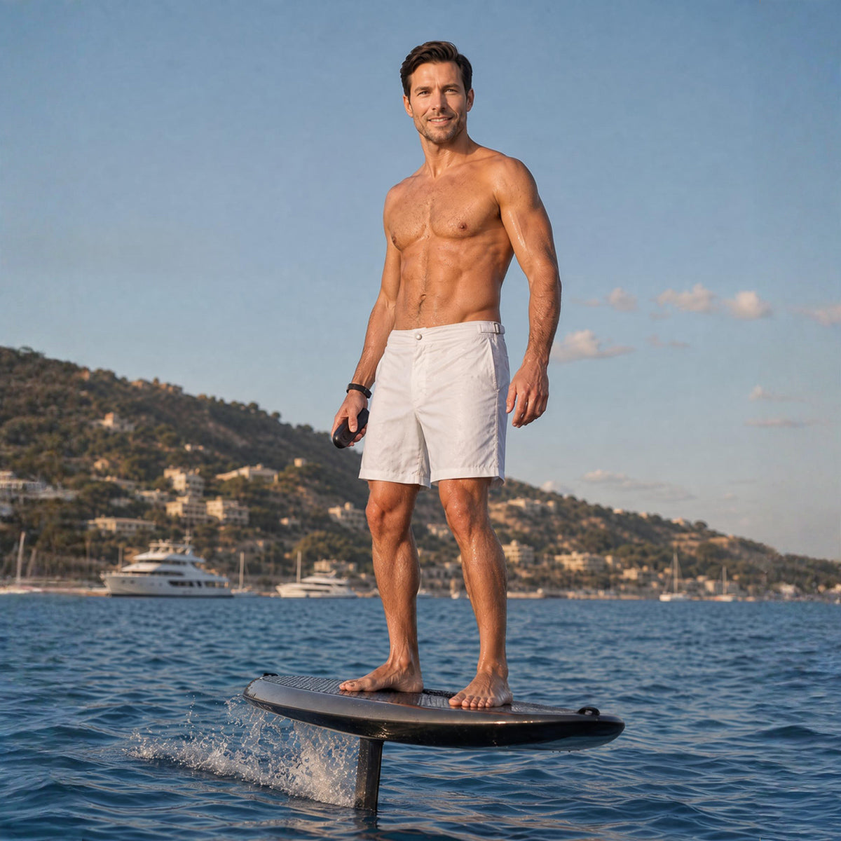 A shirtless man wearing RWENZORI Performance Series Riviera White swim trunks stands on a hydrofoil board in the blue water of a coastal bay, with a hillside town and boats visible in the background.