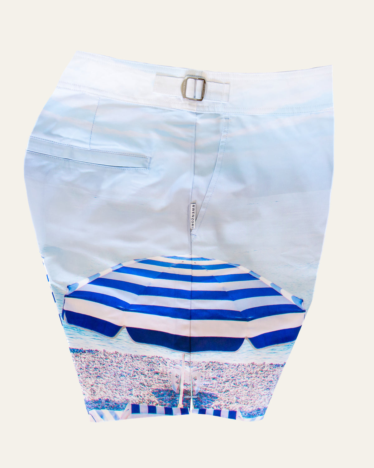 RWENZORI St Tropez photo print swim shorts — side and pocket profile view.