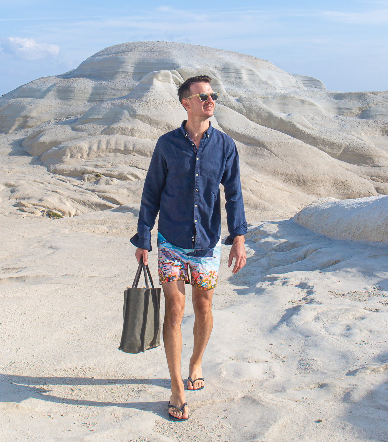 Rwenzori Men’s Cinque Terre Swim Shorts featuring photo print of Monterosso al Mare on Italy’s Cinque Terre coast – capturing colorful seaside houses and Mediterranean charm.