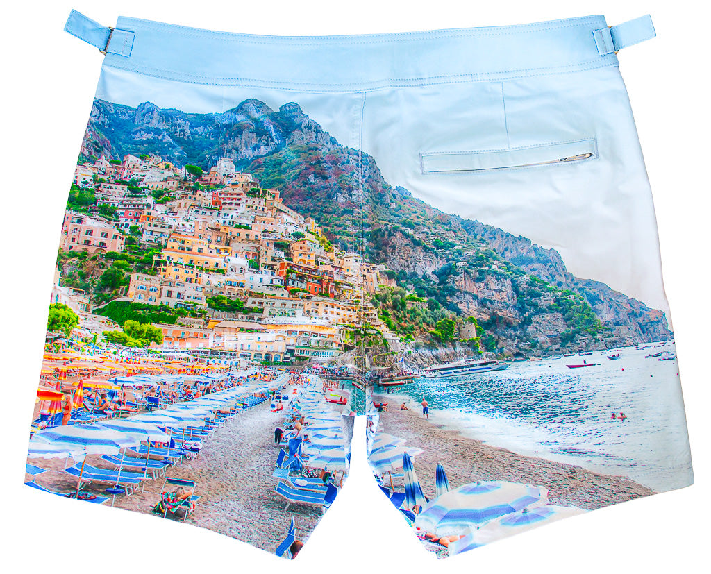 Rwenzori mens swim shorts Positano showing the back pocket zipped for added security.