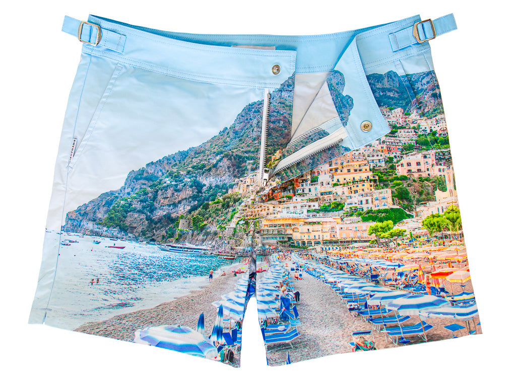 Rwenzori mens Positano Italy swim shorts finer details front profile showing the super soft and comfortable quick dry material.