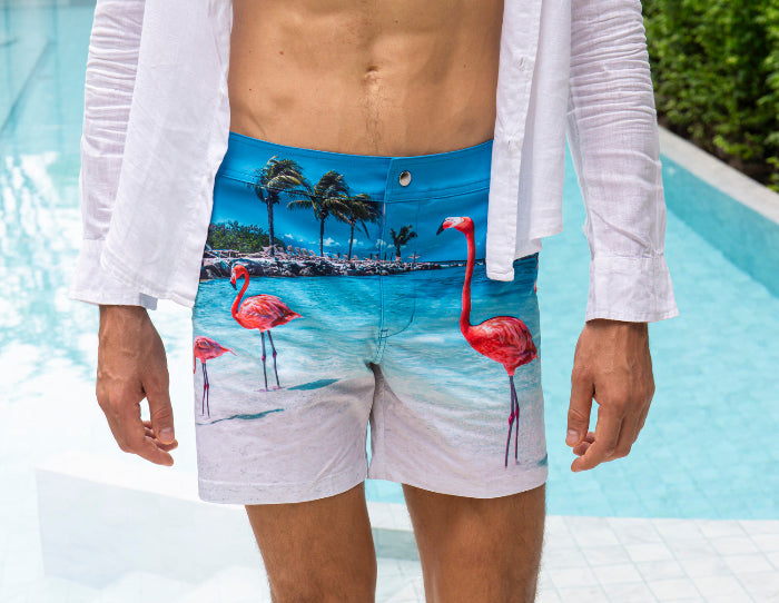 Model wearing Rwenzori Flamingos swim shorts at beach club – tailored quick-dry men's swim trunk with flamingo print