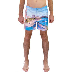 Rwenzori Waikiki men’s swim shorts featuring Hawaii beach photo print, tailored mid-length design