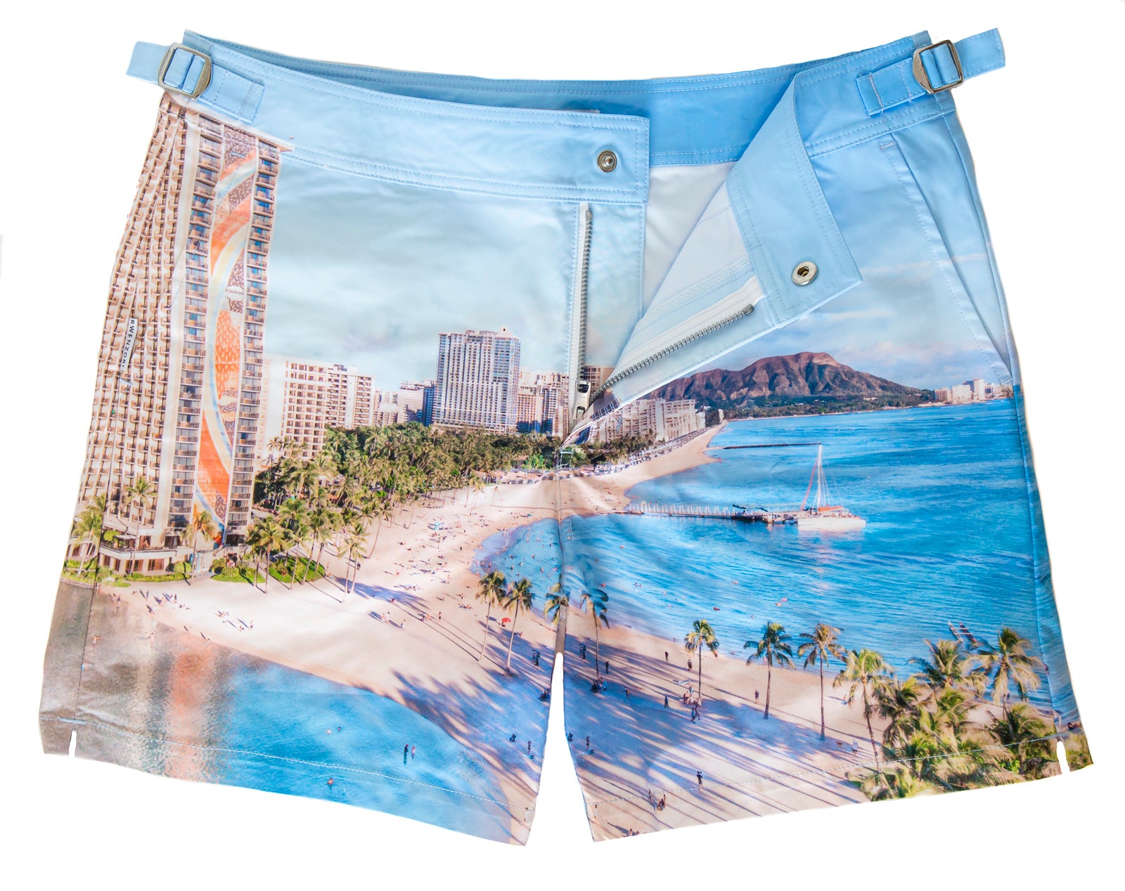Rwenzori Waikiki men’s swim shorts featuring Hawaii beach photo print, tailored mid-length design