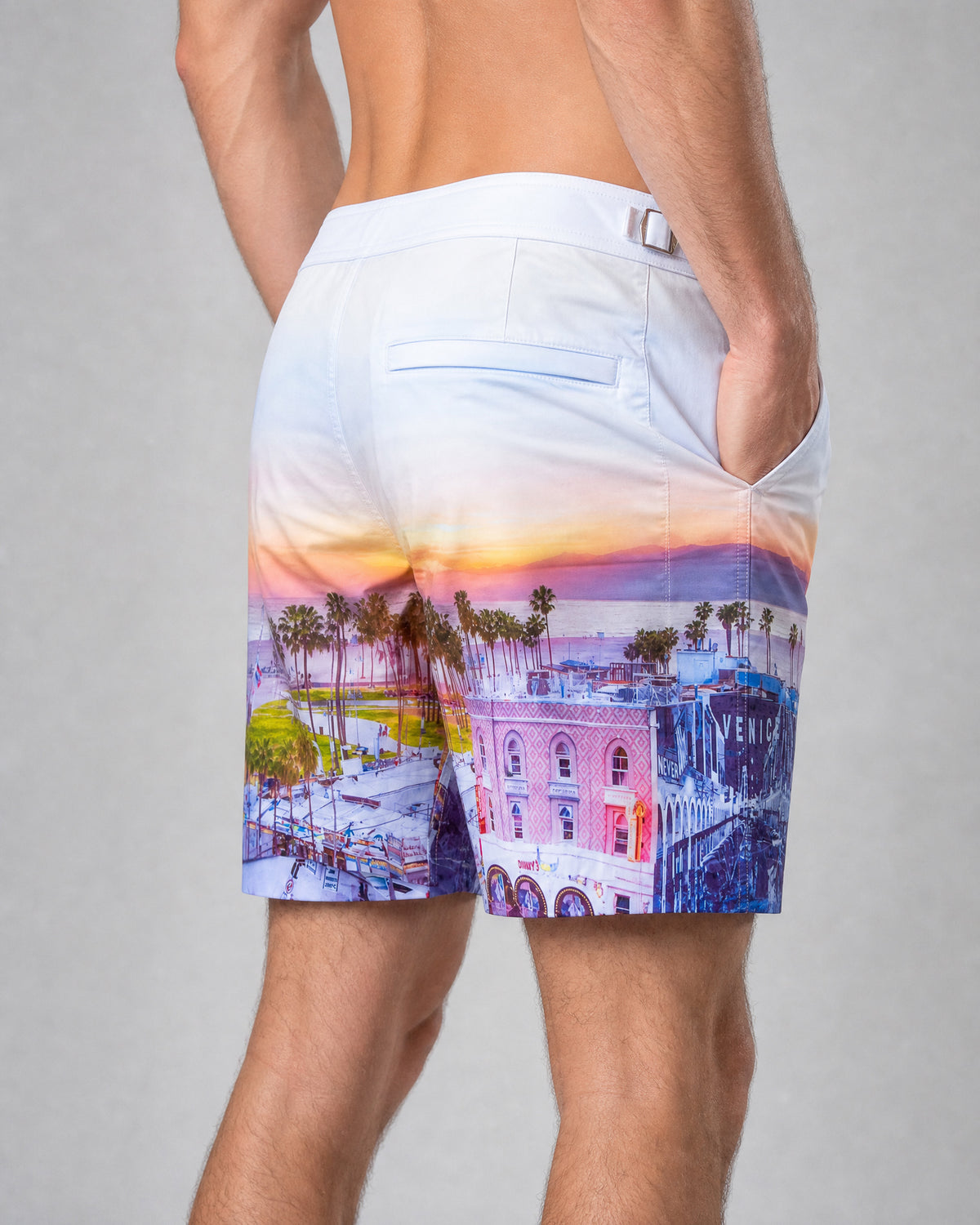 RWENZORI Venice Beach photo print swim shorts — close-up rear view.
