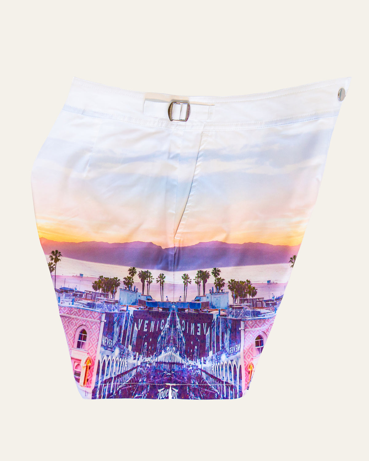 RWENZORI Venice Beach photo print swim shorts — side and pocket profile view.