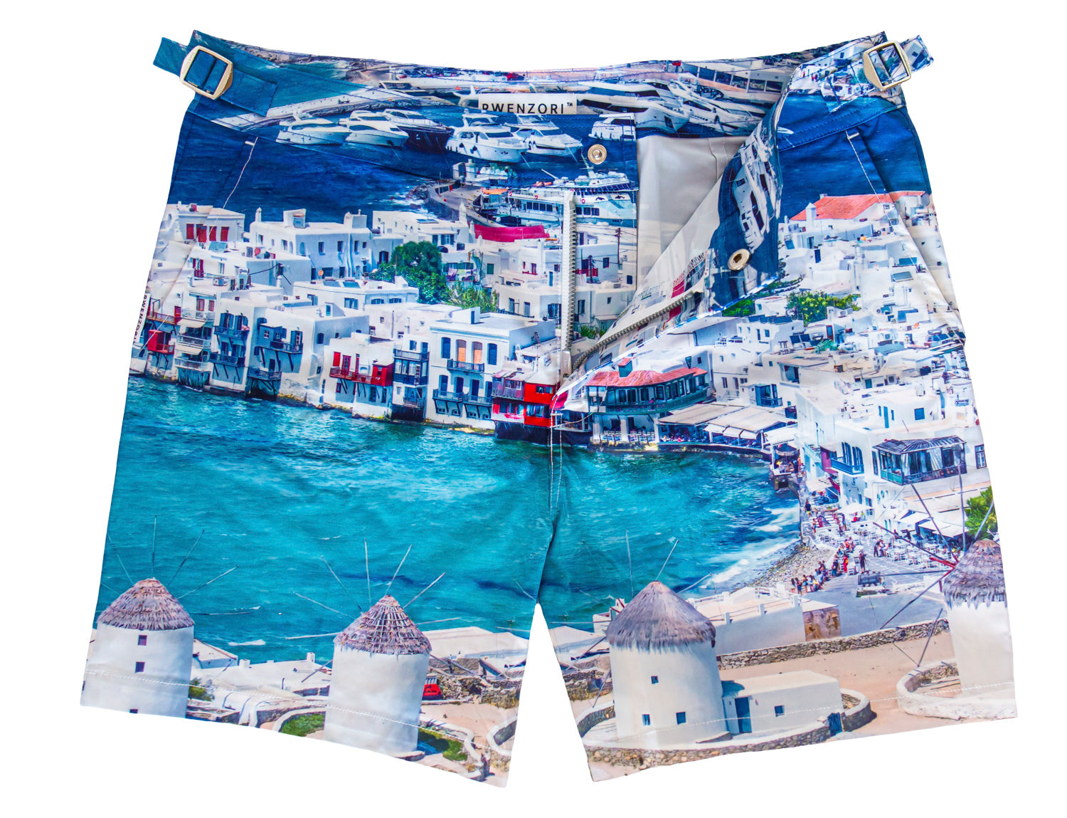 Rwenzori Mykonos men’s swim shorts featuring Greek island photo print and tailored fit.
