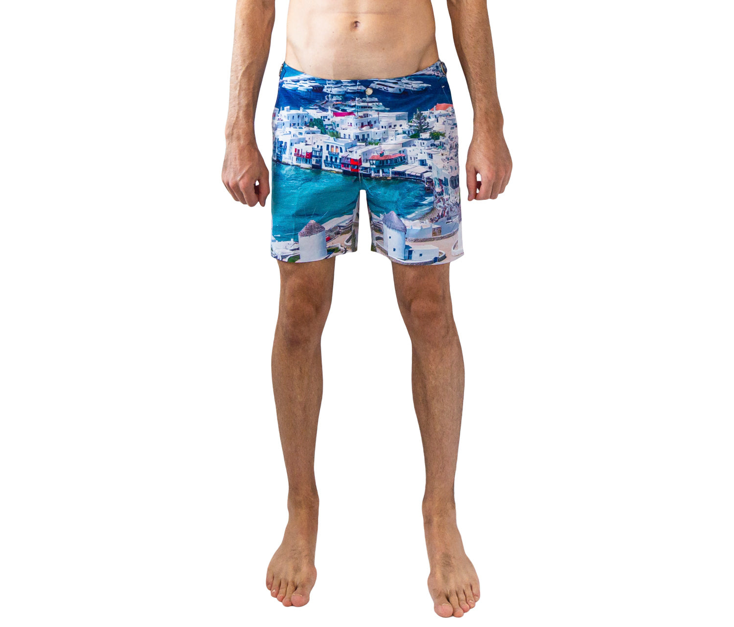 Rwenzori Mykonos men’s swim trunks featuring Greek island photo print and tailored fit.