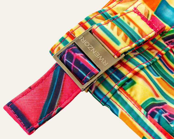 Rwenzori photo print swim trunks finer details - buckles.